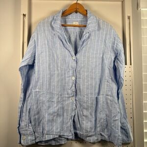 The Sleep Code Pajama Top Womens XL? 42" Chest Blue Striped 100% Linen Sleepwear